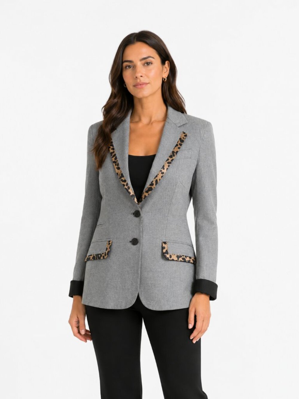 JOHN GALLIANO GREY LEOPARD PRINT SILK BLEND NOTCHED LAPEL BUTTON BLAZER - S